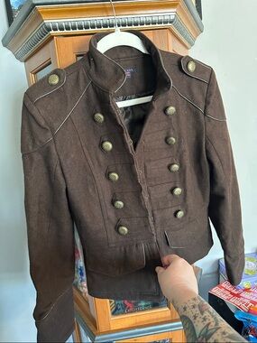 last kiss Dark Brown Military-Style Wool Blend Jacket